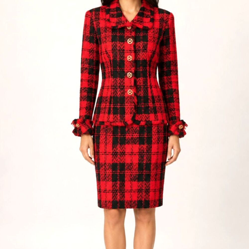 Vintage Red Black Plaid Skirt Suit Size Small
